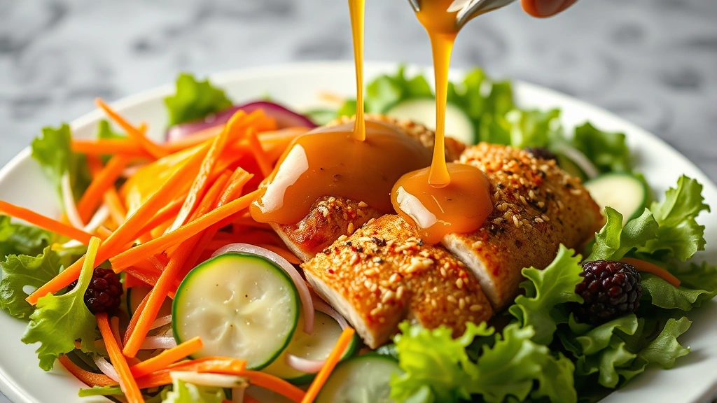 Vibrant Asian salad with mixed greens, shredded carrots, cucumber slices, and sesame-crusted chicken breast being drizzled with golden-brown Asian dressing, action shot, professional food photography lighting