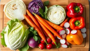 Overhead shot of fresh crisp Asian vegetables including napa cabbage, red cabbage, carrots, bell peppers, and radishes arranged on a wooden cutting board, bright natural lighting, photorealistic food photography