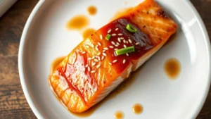 Overhead shot of fresh salmon fillet on white ceramic plate with glossy miso-ginger glaze dripping down the sides, crispy golden skin facing up, garnished with white sesame seeds and thin scallion slices, soft natural window lighting