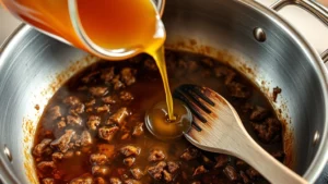 Close-up of pan deglazing with golden beef stock being poured over caramelized brown fond at bottom of stainless steel roasting pan, wooden spoon scraping the rich drippings, steam rising, warm lighting