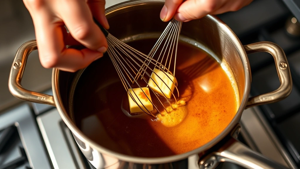 Hands whisking cold butter into simmering golden-brown au jus sauce in copper saucepan, creating silky emulsion, professional kitchen setting, natural light highlighting the luxurious texture and color