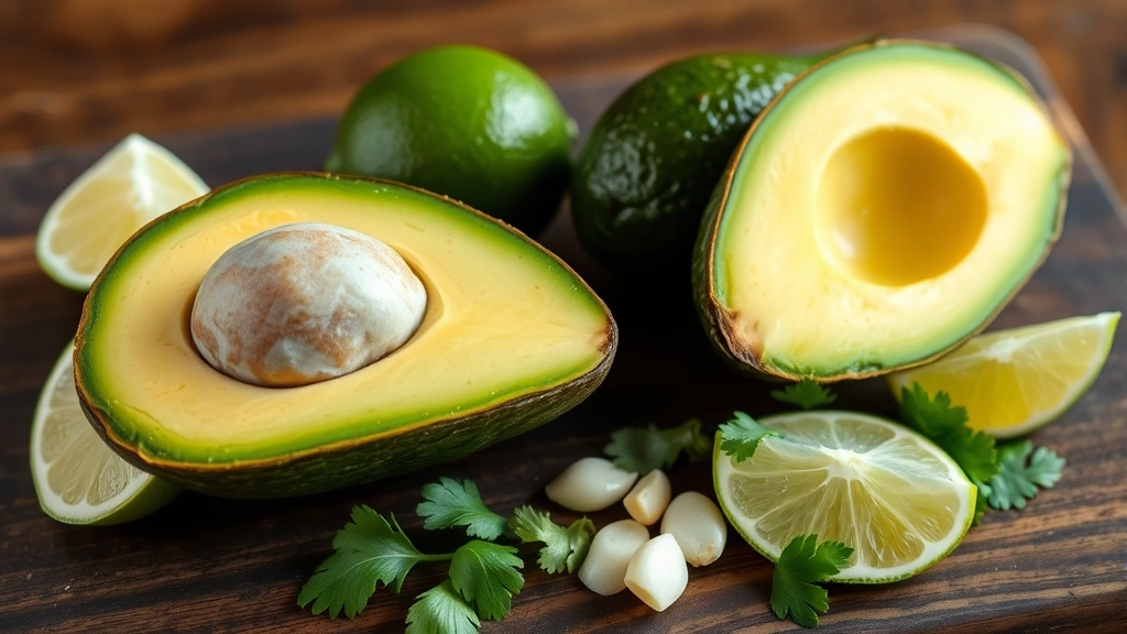 Two perfectly ripe Hass avocados cut in half with pit exposed, fresh lime wedges, minced garlic, and cilantro leaves arranged on dark wooden board with natural lighting