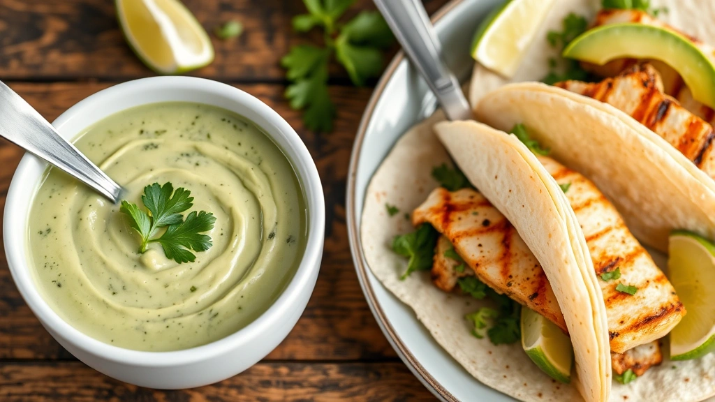 Creamy pale green avocado crema in white ceramic bowl with spoon, garnished with cilantro leaf, served alongside grilled fish tacos and lime wedges on rustic table