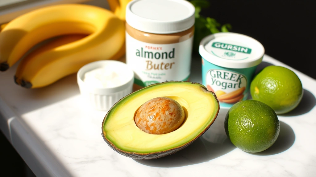 Creamy ripe avocado cut in half with pit, surrounded by fresh ingredients including banana, almond butter jar, Greek yogurt container, and fresh lime on white marble countertop with natural sunlight