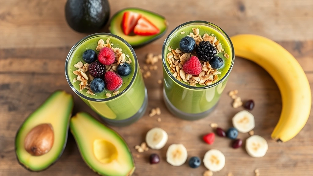 Overhead view of two tall glasses filled with vibrant green avocado smoothie, topped with granola and fresh berries, positioned next to scattered avocado halves and banana slices on wooden table
