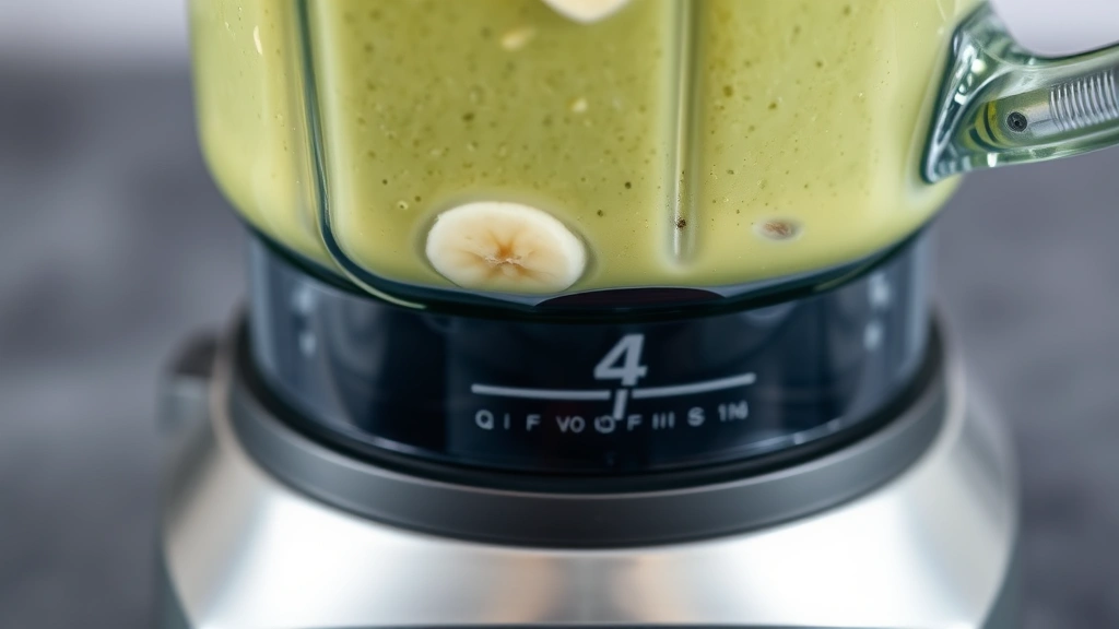 Close-up of blender pitcher containing thick creamy avocado smoothie mid-blend with frozen banana pieces, coconut milk, and avocado chunks visible, stainless steel blender base in background