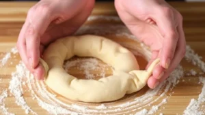 Close-up of hands stretching a bagel dough ring, showing proper thickness and hole size, dusted with flour on a wooden surface