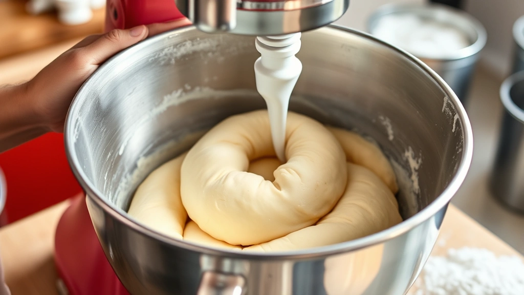 Smooth, elastic bagel dough in stainless steel mixing bowl during kneading stage, hands working dough, bright kitchen lighting