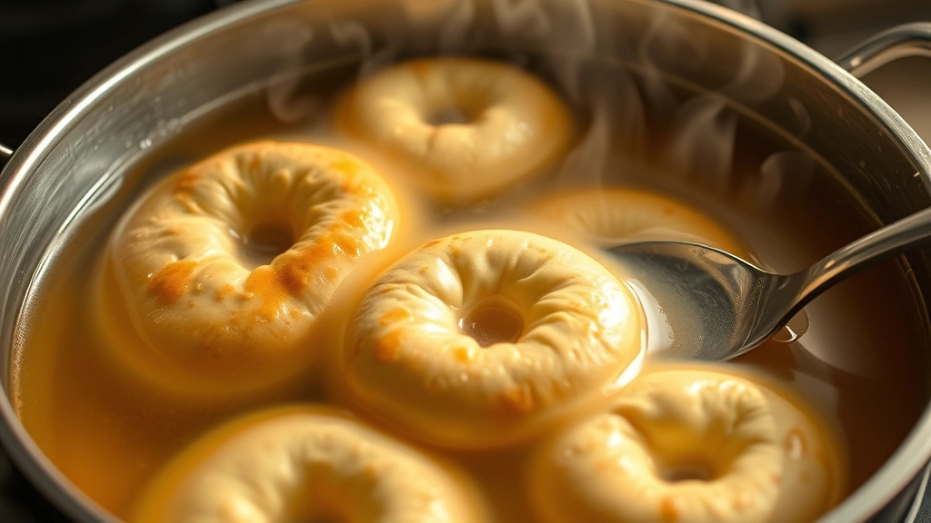 Boiling bagels in large pot of hot water with honey, bagels floating to surface, steam rising, slotted spoon visible
