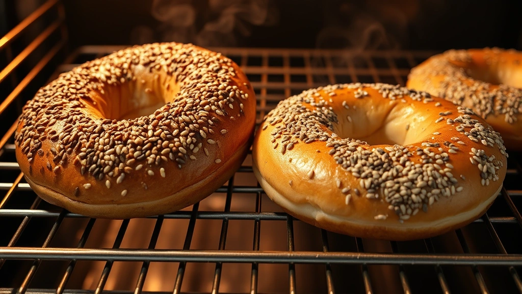 Golden-brown baked bagels fresh from oven on cooling rack, sesame seed and everything bagel varieties, warm steam visible, close-up detail
