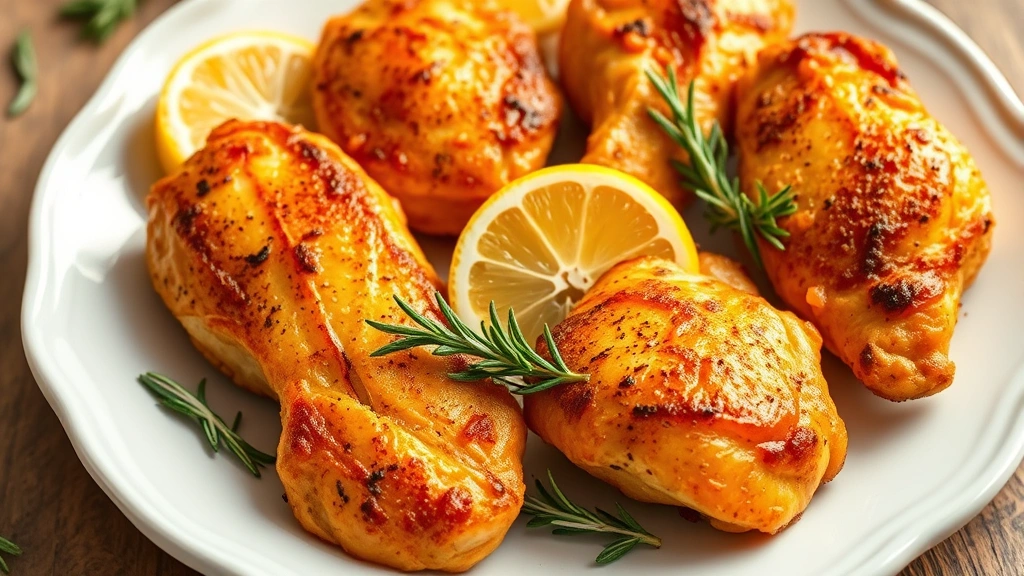 Golden-brown crispy baked chicken tenderloins arranged on white ceramic plate with fresh lemon wedges and rosemary sprigs, steam rising slightly, natural daylight