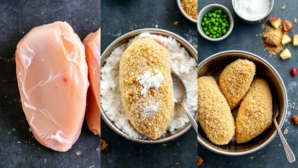Close-up of three stages: raw brined chicken tenderloin, flour-coated tenderloin, and final panko-breaded tenderloin in metal bowls with ingredients scattered around