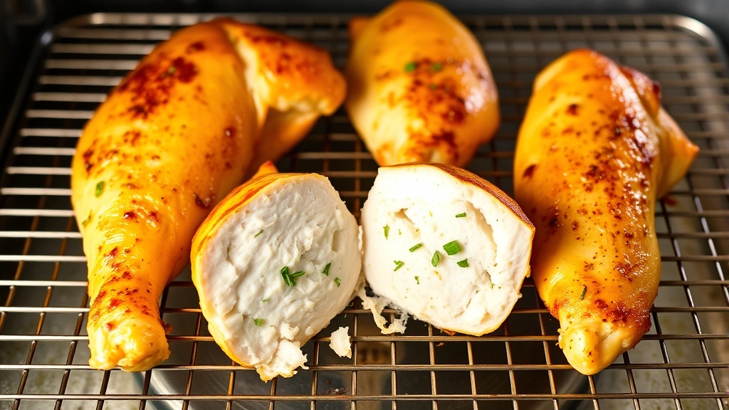 Perfectly cooked baked chicken tenderloins fresh from oven on wire cooling rack, showing crispy golden exterior and juicy interior cross-section, with herb garnish