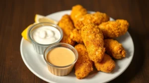 Golden-brown crispy baked chicken tenders arranged on white plate with small bowls of ranch dip and honey mustard sauce, fresh lemon wedges beside, warm studio lighting, shallow depth of field