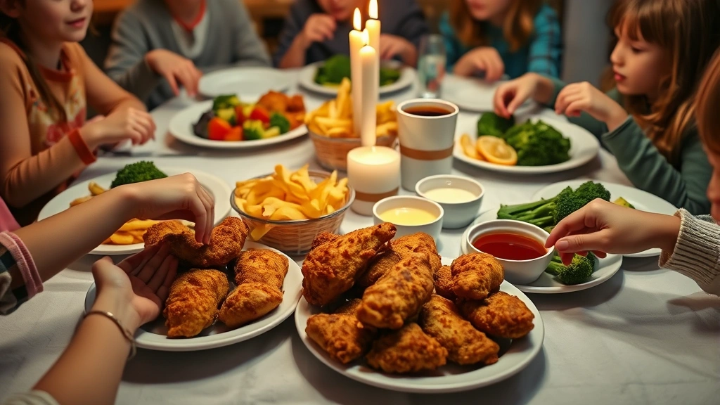 Family dinner table scene with plated crispy chicken tenders, french fries, steamed broccoli, multiple sauce bowls, children's hands reaching for tenders, warm candlelight, homey atmosphere