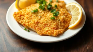 Golden-brown crispy baked haddock fillets with panko coating on white ceramic plate, garnished with fresh lemon wedges and chopped parsley, steam rising from fish