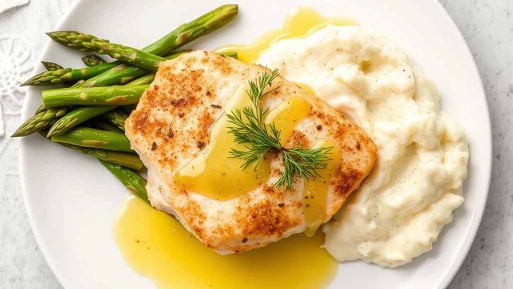 Plated crispy baked haddock served with roasted asparagus, creamy mashed potatoes, and lemon butter sauce drizzled on white plate, overhead shot with fresh dill garnish