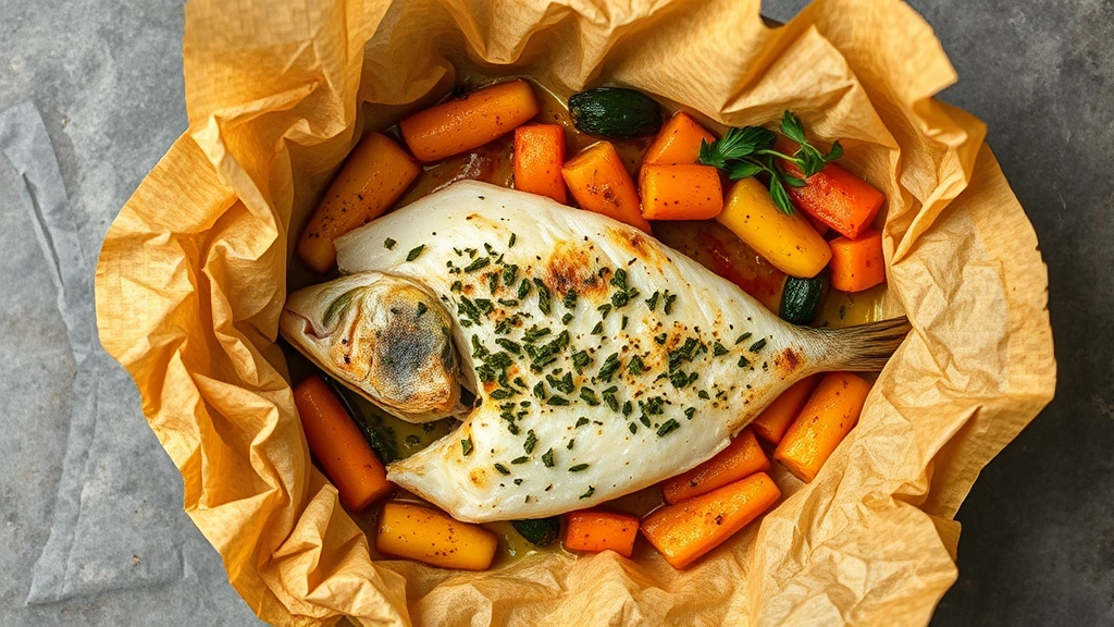 Overhead view of baked haddock en papillote in opened parchment paper packet, showing flaked fish with herbs and vegetables