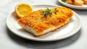 Golden-brown crispy baked mahi mahi fillet with panko coating on white plate, fresh lemon wedge beside it, herbs garnish on top, professional food photography lighting