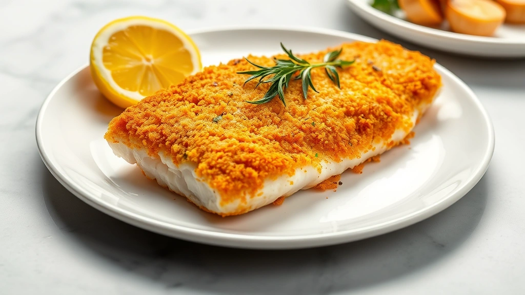 Golden-brown crispy baked mahi mahi fillet with panko coating on white plate, fresh lemon wedge beside it, herbs garnish on top, professional food photography lighting