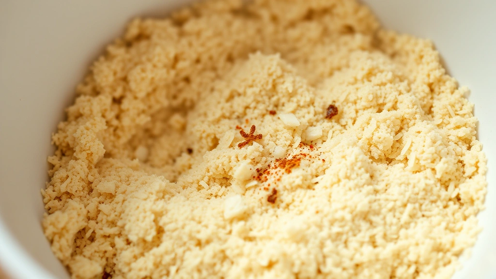 Close-up of panko breadcrumb coating mixture in white bowl with Parmesan cheese and spices visible, shallow depth of field, natural kitchen lighting