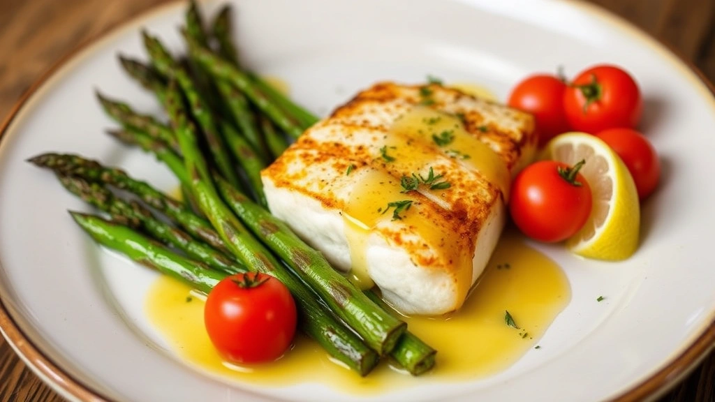 Plated crispy mahi mahi served with roasted asparagus and cherry tomatoes, drizzled with lemon butter sauce, restaurant-style presentation on ceramic plate