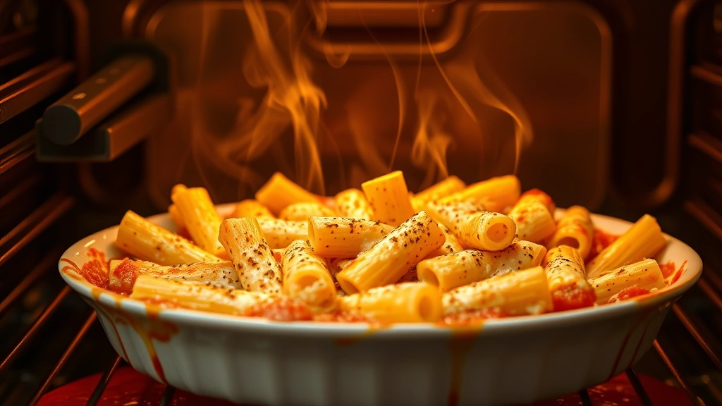 Golden-brown bubbly baked rigatoni emerging from oven with melted cheese crust, steam rising, vibrant tomato sauce visible at edges, shallow depth of field