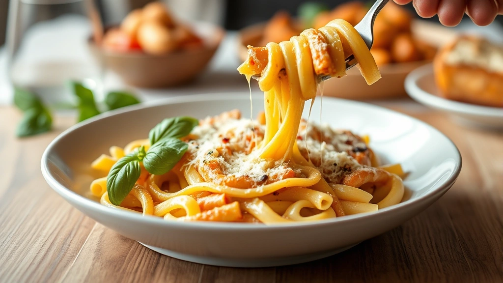 Plated serving of baked rigatoni with fresh basil garnish, fork pulling creamy pasta, melted cheese stretching, blurred Italian table setting background