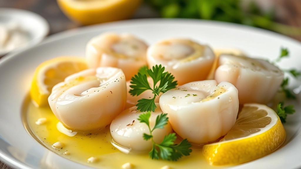 Fresh large sea scallops arranged on white plate with melted butter, minced garlic, and fresh lemon slices, vibrant parsley garnish, shallow depth of field, professional food photography lighting