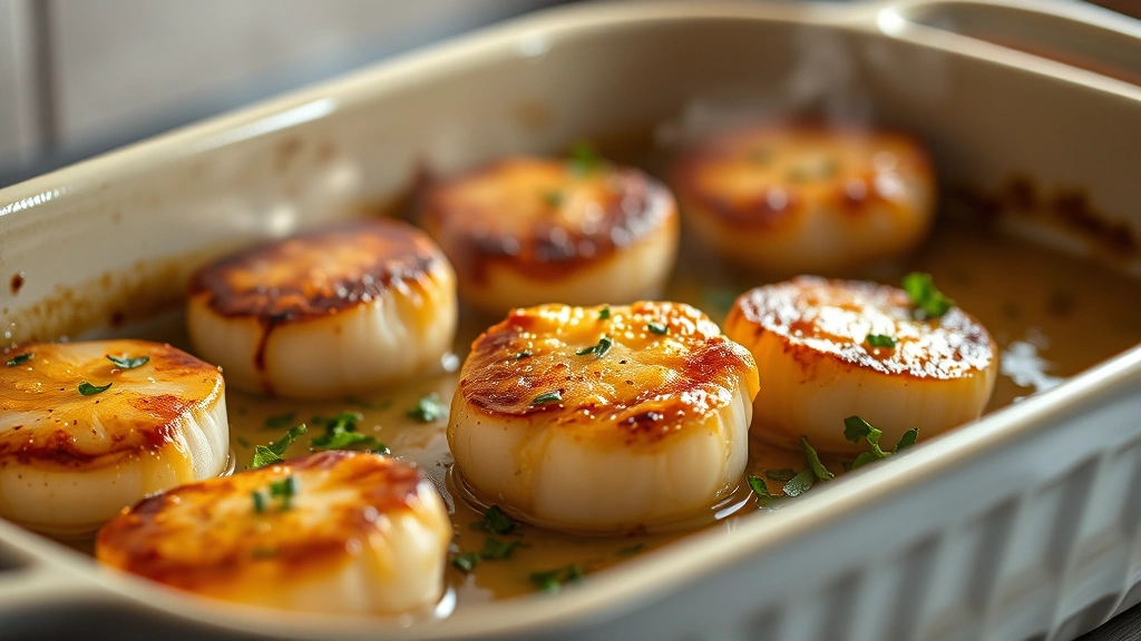 Golden-brown baked scallops in ceramic baking dish with compound butter sauce, fresh herbs scattered around, steam rising, warm kitchen lighting, close-up perspective showing texture and caramelization