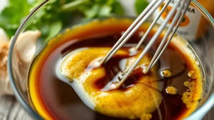 Close-up of balsamic vinaigrette being whisked in a glass bowl, showing creamy emulsion with glossy texture, fresh garlic clove and Dijon mustard jar visible nearby, soft natural lighting