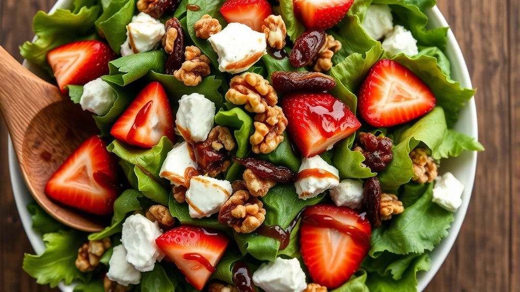Overhead shot of fresh mixed greens salad dressed with rich balsamic vinaigrette, topped with crumbled goat cheese, candied walnuts, and fresh strawberry slices, wooden serving spoon visible