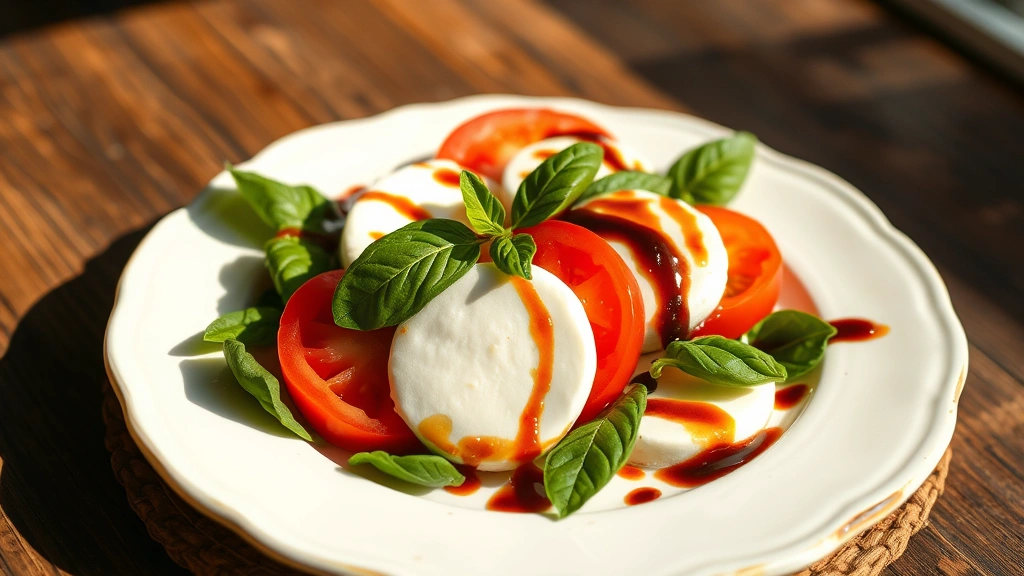 Artfully plated caprese salad with fresh mozzarella, ripe tomato slices, basil leaves, drizzled with glossy balsamic vinaigrette, rustic white ceramic plate, warm afternoon sunlight