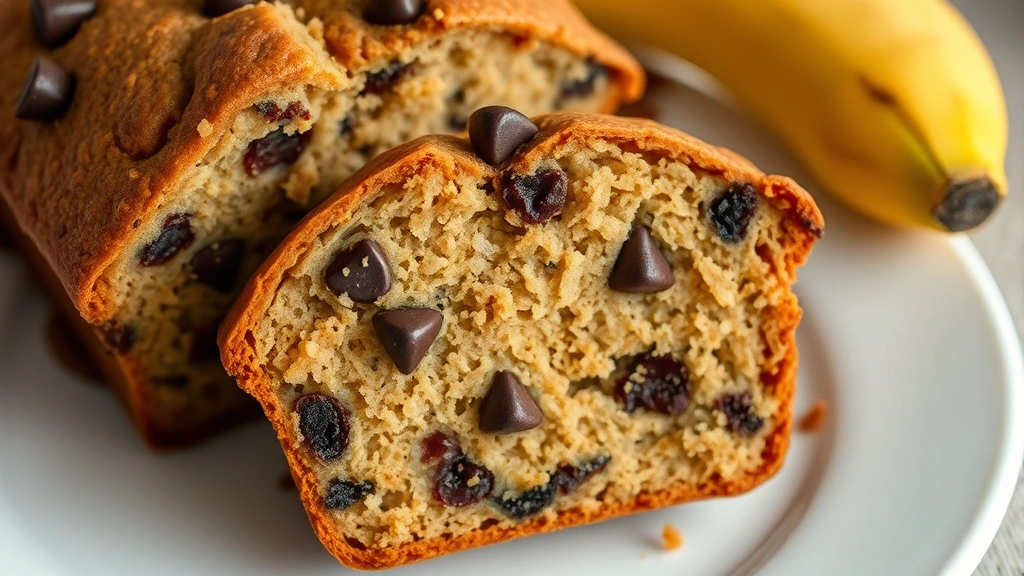 Close-up overhead shot of sliced banana bread muffin revealing moist, tender interior with chocolate chips scattered throughout, placed on a white plate with fresh bananas in background
