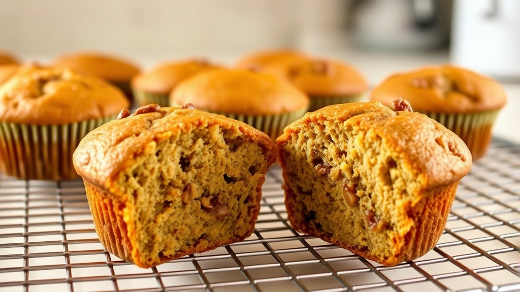 Golden-brown banana nut muffins cooling on a wire rack, one broken in half showing moist crumb structure with visible walnuts, warm kitchen lighting, steam rising gently