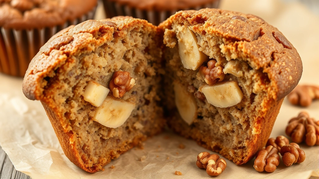 Close-up of finished muffin split open showing tender moist interior with distributed nuts and banana pieces, crumb structure visible, sitting on parchment paper with scattered walnut pieces nearby