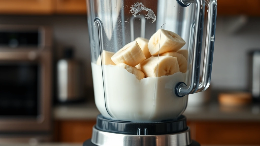 Close-up of a high-powered blender mid-blend showing frozen banana slices, Greek yogurt, and almond milk creating a smooth, creamy mixture with visible swirls of texture, stainless steel blender pitcher, professional kitchen setting