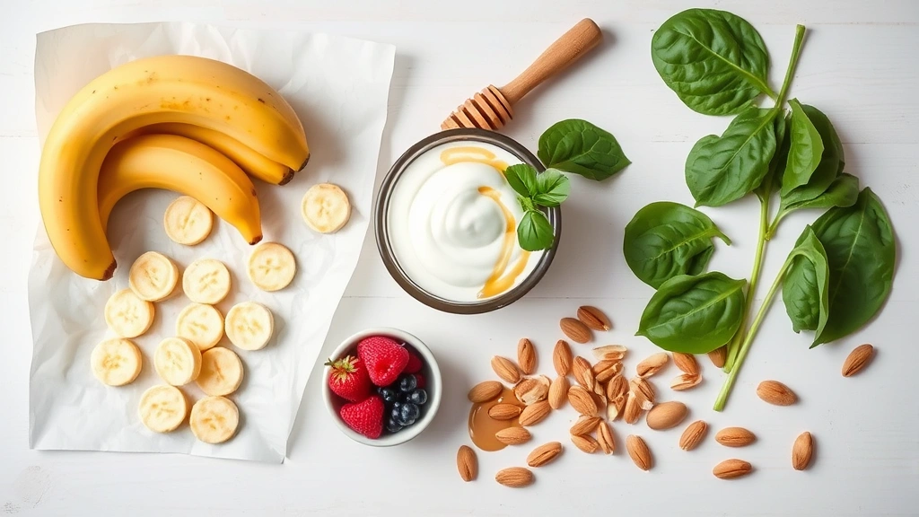 Flat lay composition of banana smoothie ingredients arranged artfully: frozen banana coins on parchment, fresh ripe bananas, Greek yogurt in a bowl, almond butter, honey drizzle, fresh berries, spinach leaves, and almonds on a light wooden surface with soft natural lighting