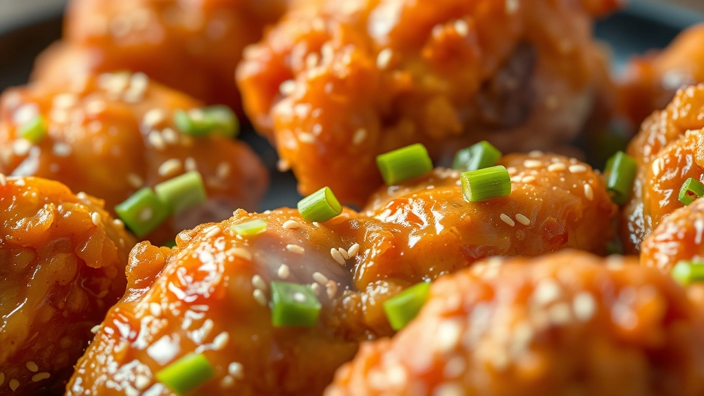 Close-up of golden-brown crispy fried chicken pieces with glistening sauce coating, sesame seeds and green onion garnish, shallow depth of field, professional food photography lighting, steam rising slightly