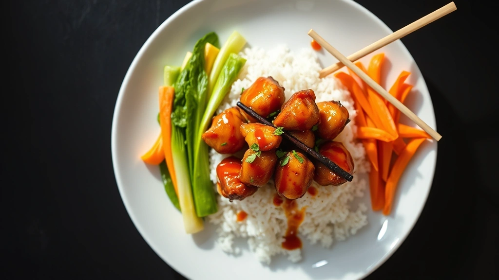 Overhead shot of bang bang chicken served on white plate with jasmine rice, colorful vegetable sides including bok choy and carrots, sauce drizzled artfully, bright natural daylight, food styling with chopsticks