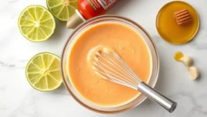 Close-up overhead shot of creamy peachy-pink bang bang sauce in a glass bowl with a whisk resting inside, surrounded by fresh lime halves, sriracha bottle, honey drizzle, and minced garlic clove on white marble countertop