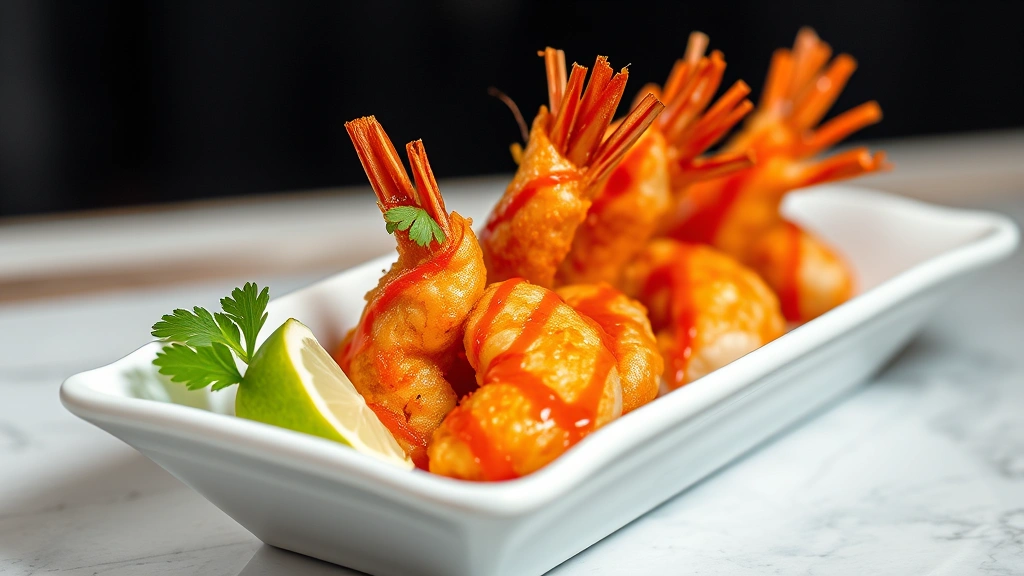 Crispy golden fried shrimp glistening with vibrant bang bang sauce coating, artfully plated on white ceramic dish with fresh cilantro garnish and lime wedge, shallow depth of field