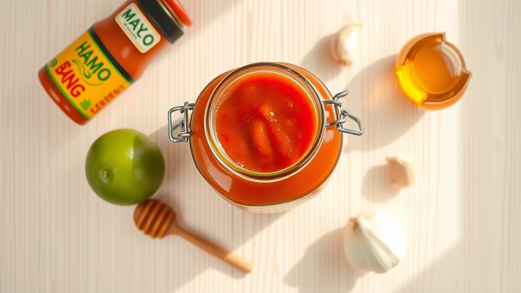 Overhead flat-lay composition of finished bang bang sauce in glass jar with tight-sealing lid, surrounded by ingredient components (mayo jar, sriracha bottle, honey bottle, fresh lime, garlic bulb) on light wood surface with natural window lighting