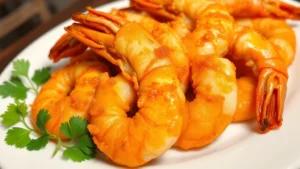 Perfectly golden-brown fried shrimp with crispy coating, glistening with light oil, arranged on white plate with fresh cilantro garnish
