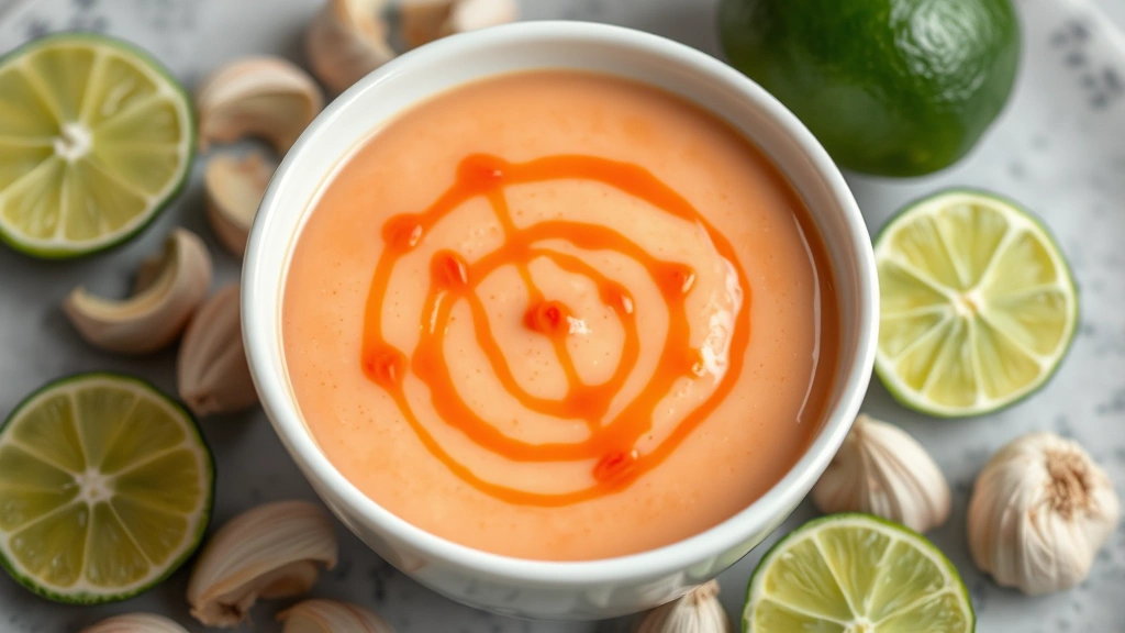 Creamy peachy-pink bang bang sauce in white bowl with sriracha drizzle pattern on top, surrounded by fresh lime and garlic cloves