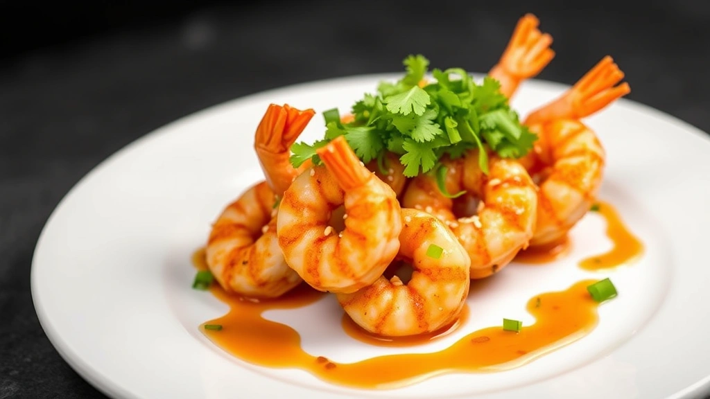 Plated bang bang shrimp appetizer on white ceramic plate with sauce drizzle, sesame seeds sprinkled on top, fresh scallions and cilantro as garnish