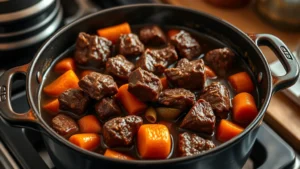 Professional food photography of tender braised beef chunks simmering in rich brown gravy with carrots and onions in a cast iron pot, steam rising, warm kitchen lighting