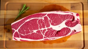 Perfectly trimmed raw beef back ribs rack on wooden cutting board, silverskin removed, deep red color with visible marbling, professional butcher presentation, natural lighting from above