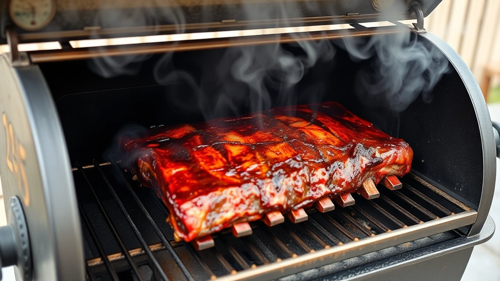 Beef back ribs smoking on metal grates inside smoker with white smoke billowing, mahogany bark forming on surface, thermometer visible showing 225 degrees, rustic outdoor setting