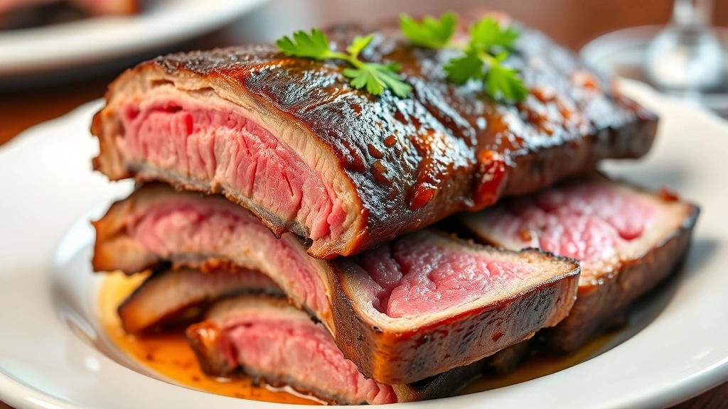 Sliced tender beef back ribs stacked on white plate showing pink smoke ring, meat falling off bones, glossy caramelized exterior, garnished with fresh parsley, restaurant-style plating